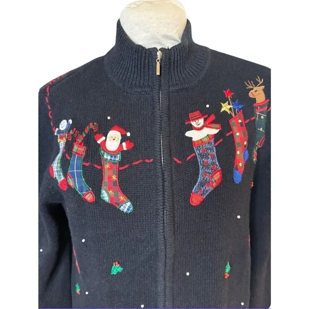 Pappagallo Christmas Cardigan Sz. M Full Zip High Collar Ugly Christmas Sweater